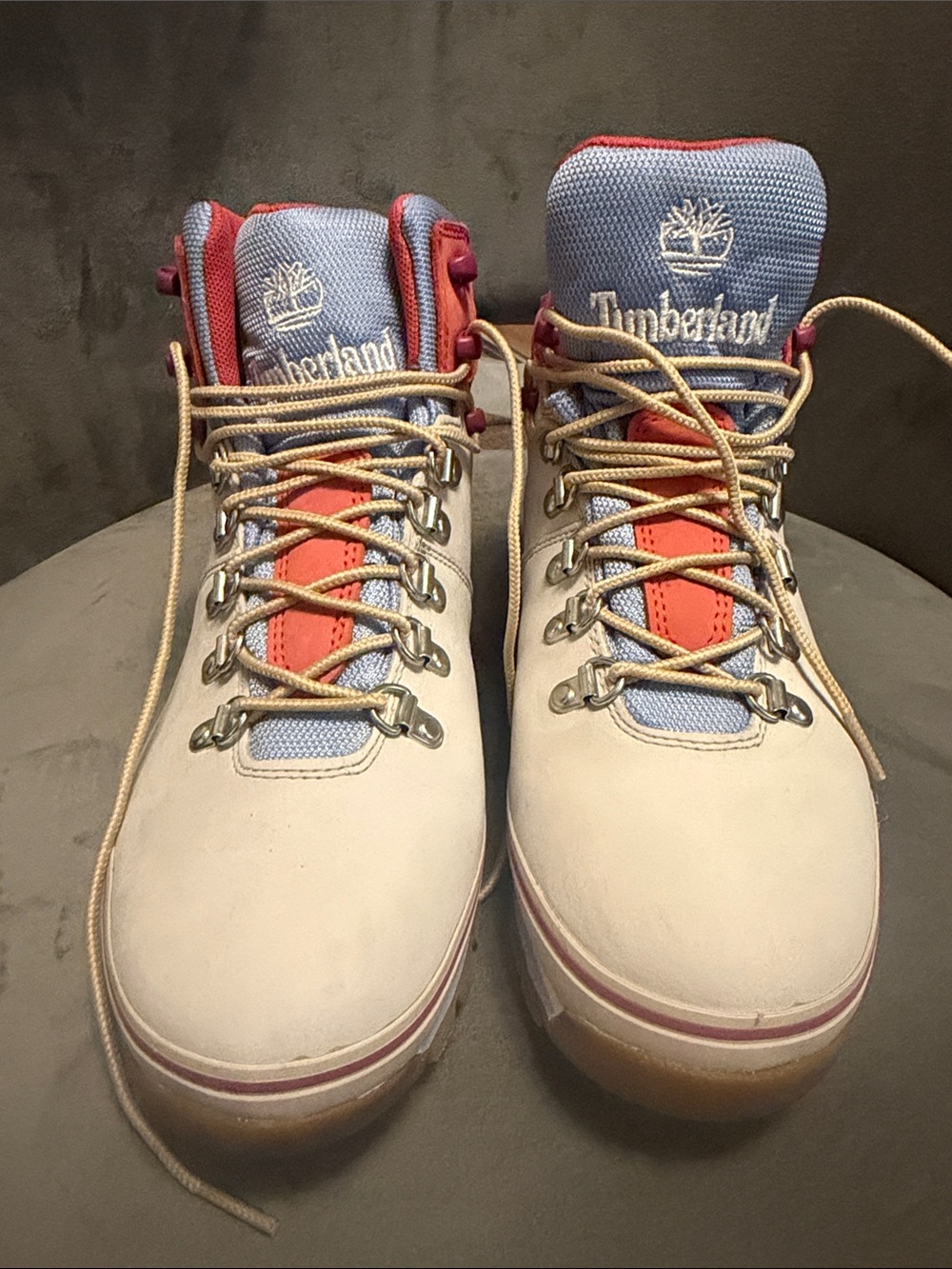 Timberland Cream Boots with Blue and Red Accents